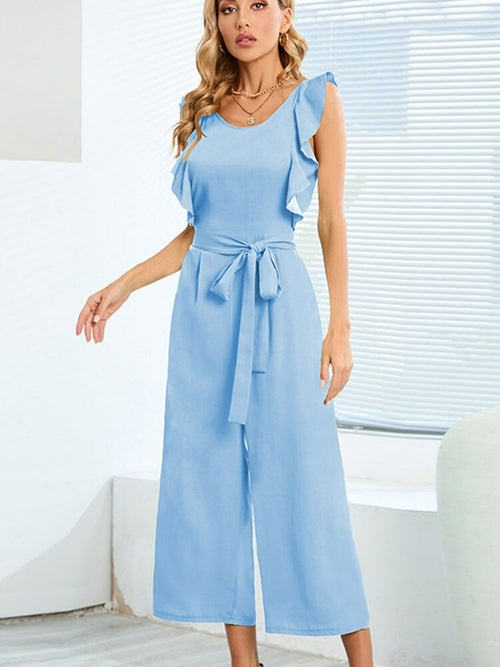 Casual Ruffle Lace Up Sleeveless Midi Straight Leg Pants Jumpsuits