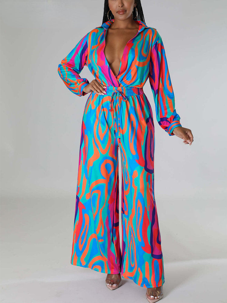 Women Printed Long Sleeve Belt Wide Leg Casual Jumpsuits