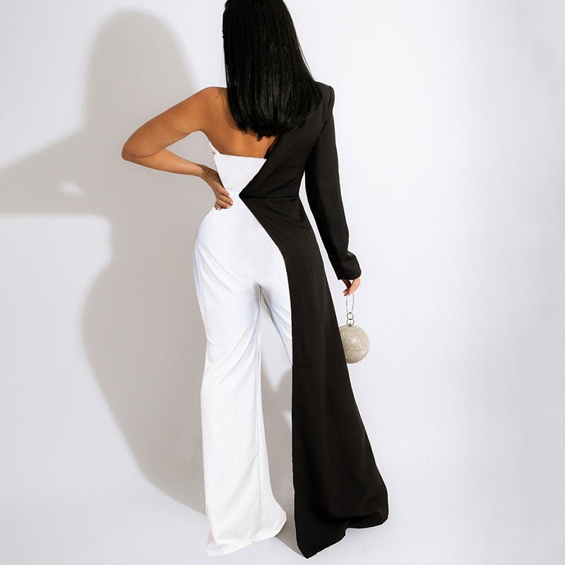 One Shoulder Colorblock Jumpsuit Elegant Formal Party Jumpsuits