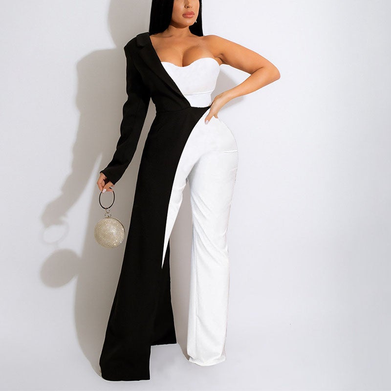 One Shoulder Colorblock Jumpsuit Elegant Formal Party Jumpsuits