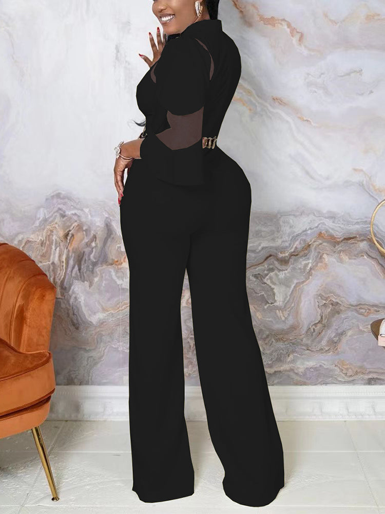 Mesh Insert Wide Leg Elegant Jumpsuits