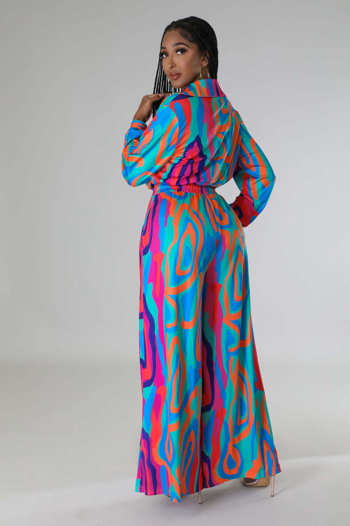 Women Printed Long Sleeve Belt Wide Leg Casual Jumpsuits