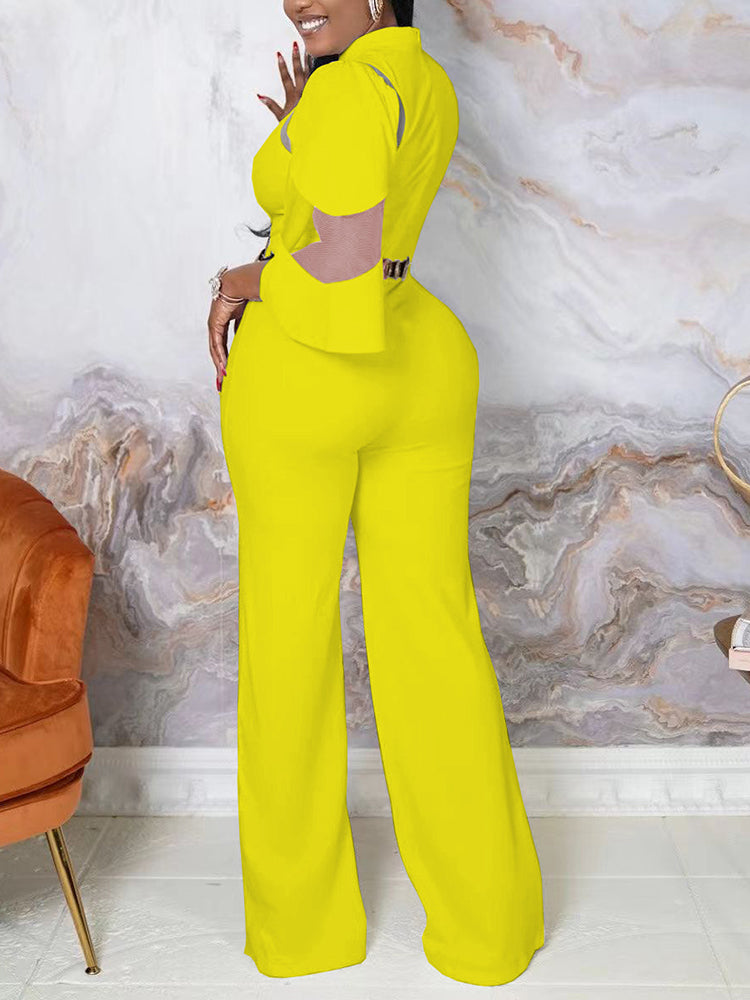 Mesh Insert Wide Leg Elegant Jumpsuits