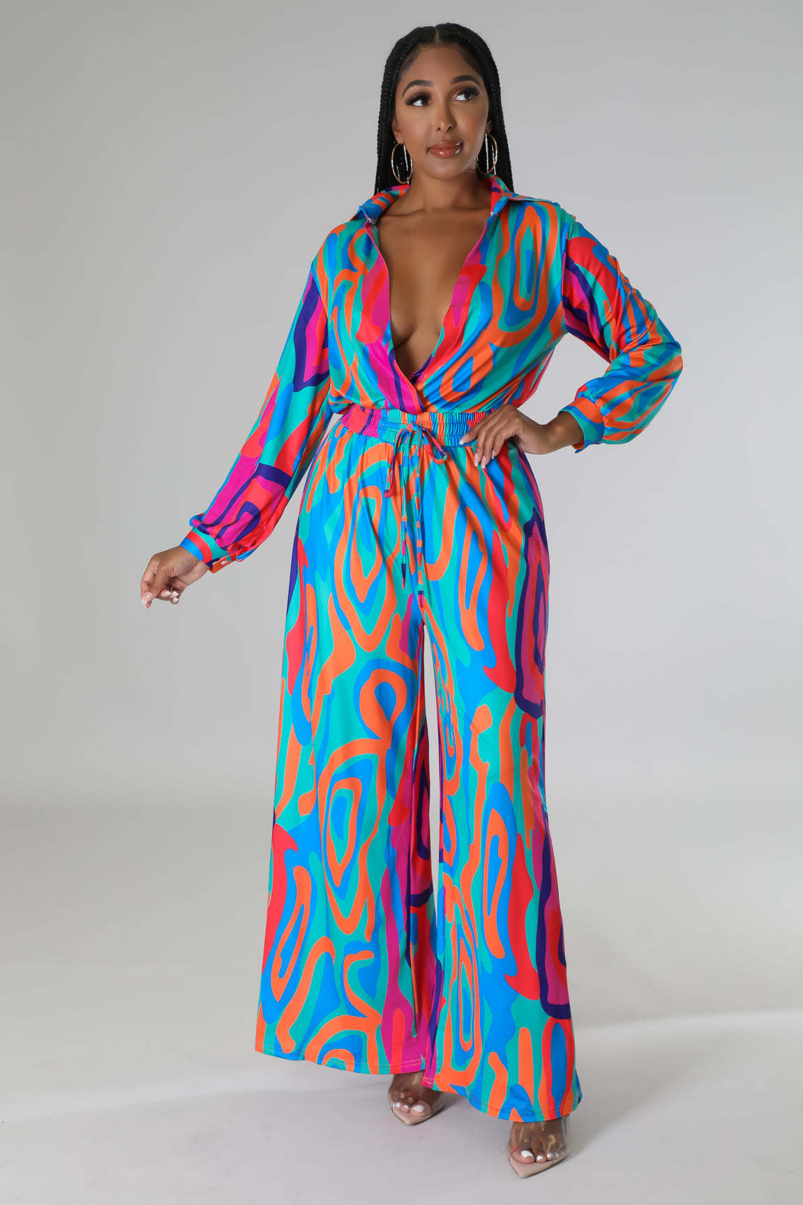 Women Printed Long Sleeve Belt Wide Leg Casual Jumpsuits