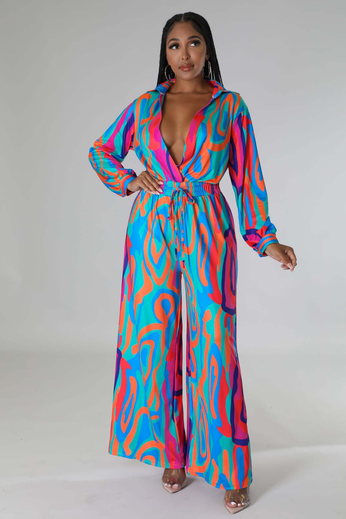 Women Printed Long Sleeve Belt Wide Leg Casual Jumpsuits