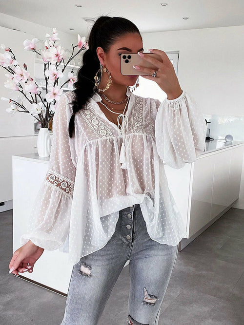 Chiffon Blouse  Patchwork Lace Hollow Out Shirt