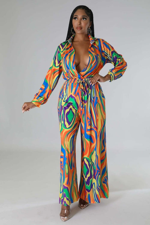 Women Printed Long Sleeve Belt Wide Leg Casual Jumpsuits