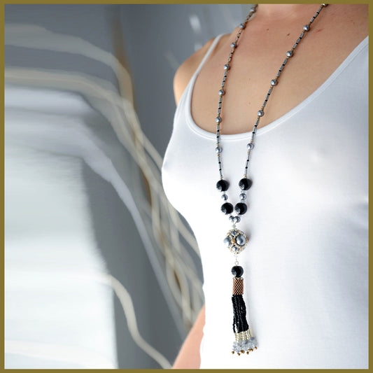 "NEW" Black Beaded Tassel and Hematite