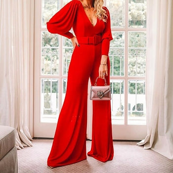 V Neck Long Sleeve Jumpsuits Casual Commute Belt Wide-Leg Pants