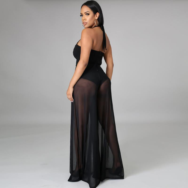 Sleeveless Halter Backless Wide Leg Long Jumpsuits