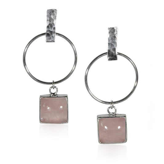 Hammered Geometric Hoop and Rose Charm Sterling Silver Earrings